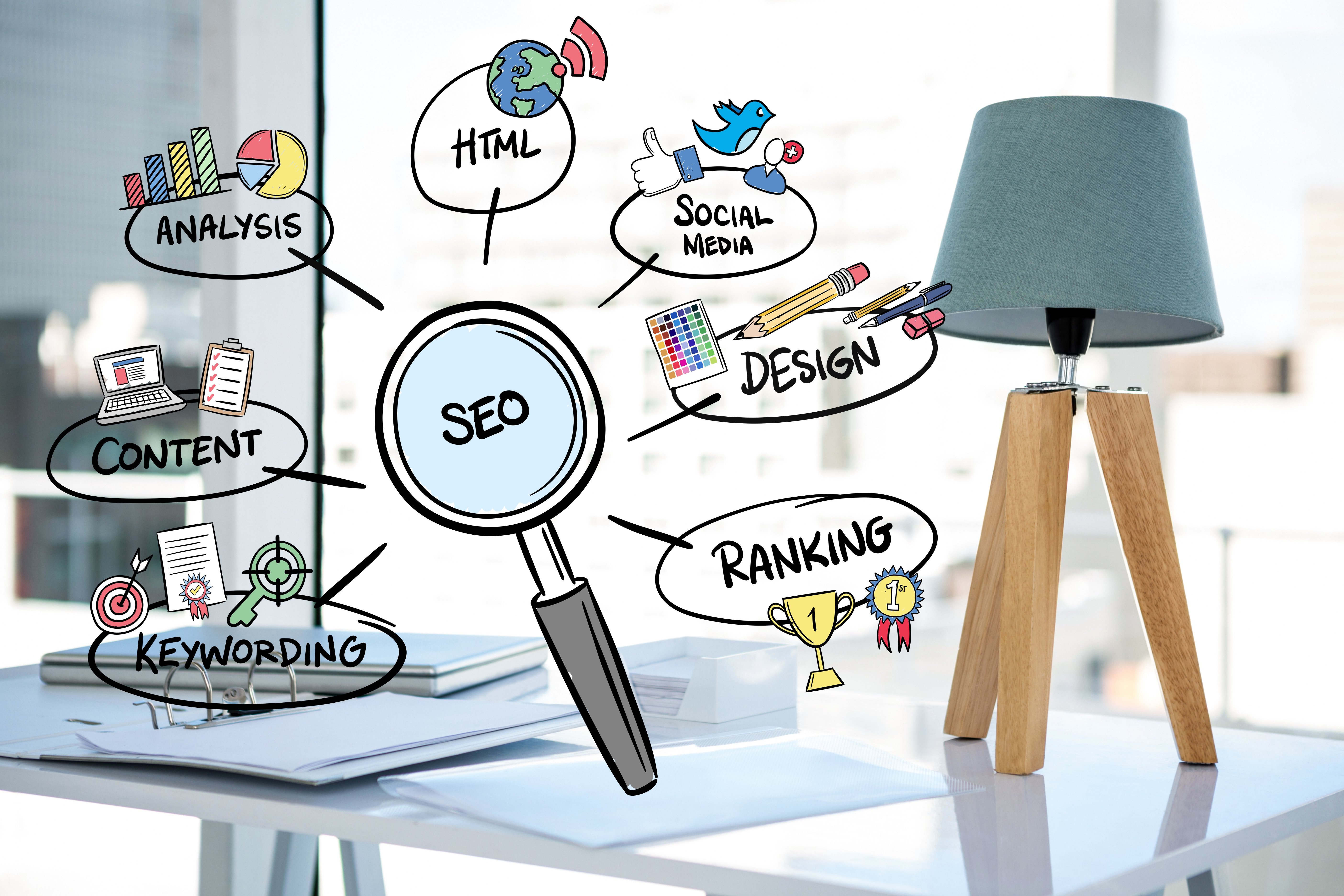 Lupa con conceptos seo