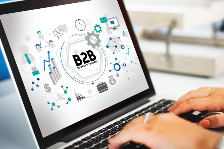 Persona trabaja en una estrategia de marketing B2B en su laptop